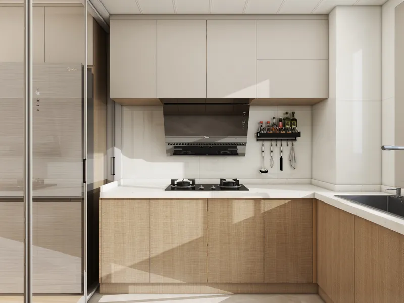 Modern kitchen with wood cabinets, white upper storage, black stove, range hood, and large refrigerator