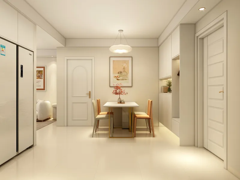 Dining room featuring white table four chairs wall painting white cabinets and modern ceiling light