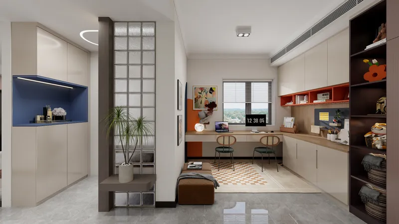 Modern home office with a long desk two chairs glass wall cabinets and a window