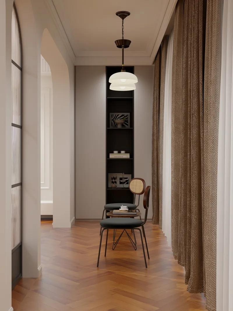Elegant hallway with wooden floor, two chairs, small table, ceiling light, and long brown curtains