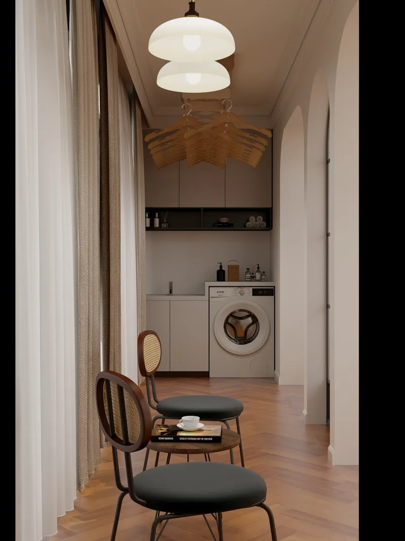 Interior design drawing of laundry area with washing machine wooden hangers chairs and ceiling light