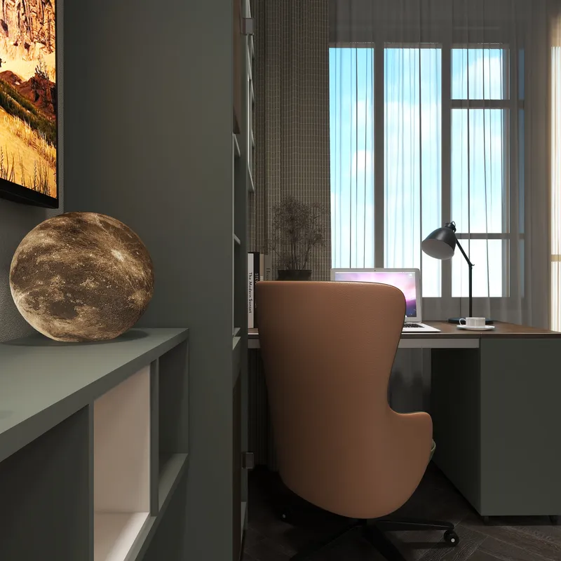Modern home office with brown desk chair laptop desk lamp and moon light near window