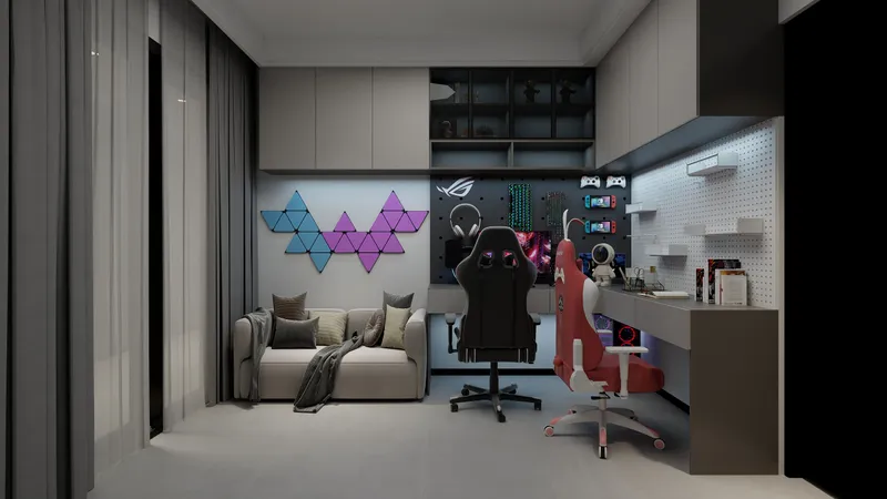 Modern gaming room with grey sofa two gaming chairs wall lights desk and storage cabinets