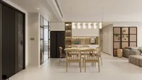 Interior design drawing featuring dining table, black fridge, ceiling light, and wooden wall divider screen