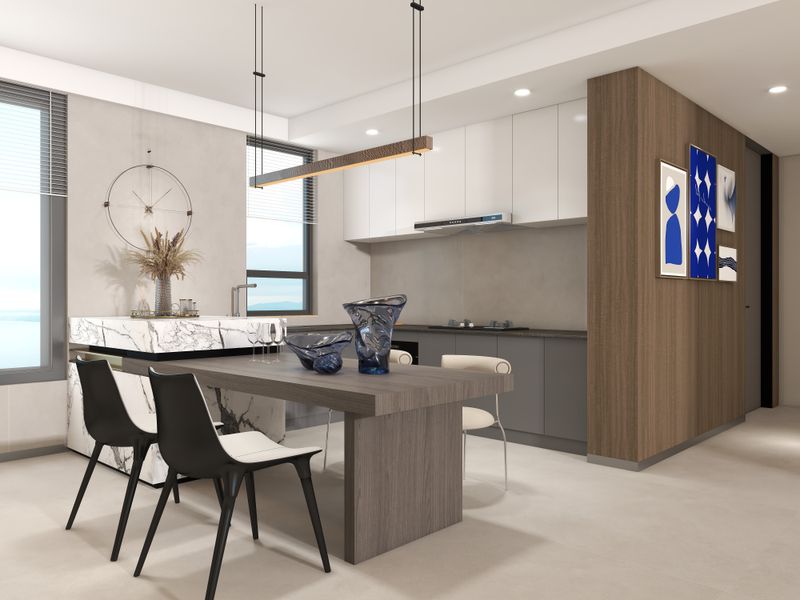 Modern Gray Dining with Open Kitchen