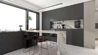 Dark modern kitchen with marble island, bar stools, sleek cabinets, ceiling light, and marble wall