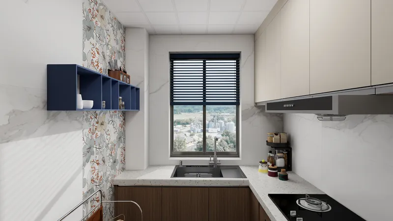 Small kitchen with white counters floral wallpaper blue shelf wood cabinets and window with blinds