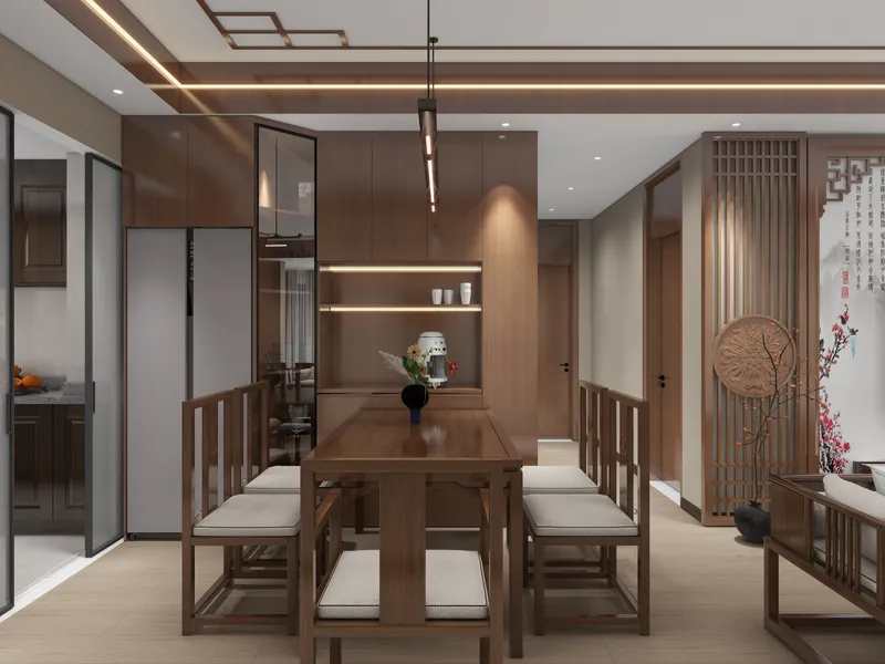 Traditional Chinese style dining room with wooden table, matching chairs, large cabinet, and ceiling light