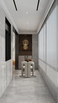 Modern hallway with grey marble walls white curtains and gold Buddha statue inside wooden cabinet