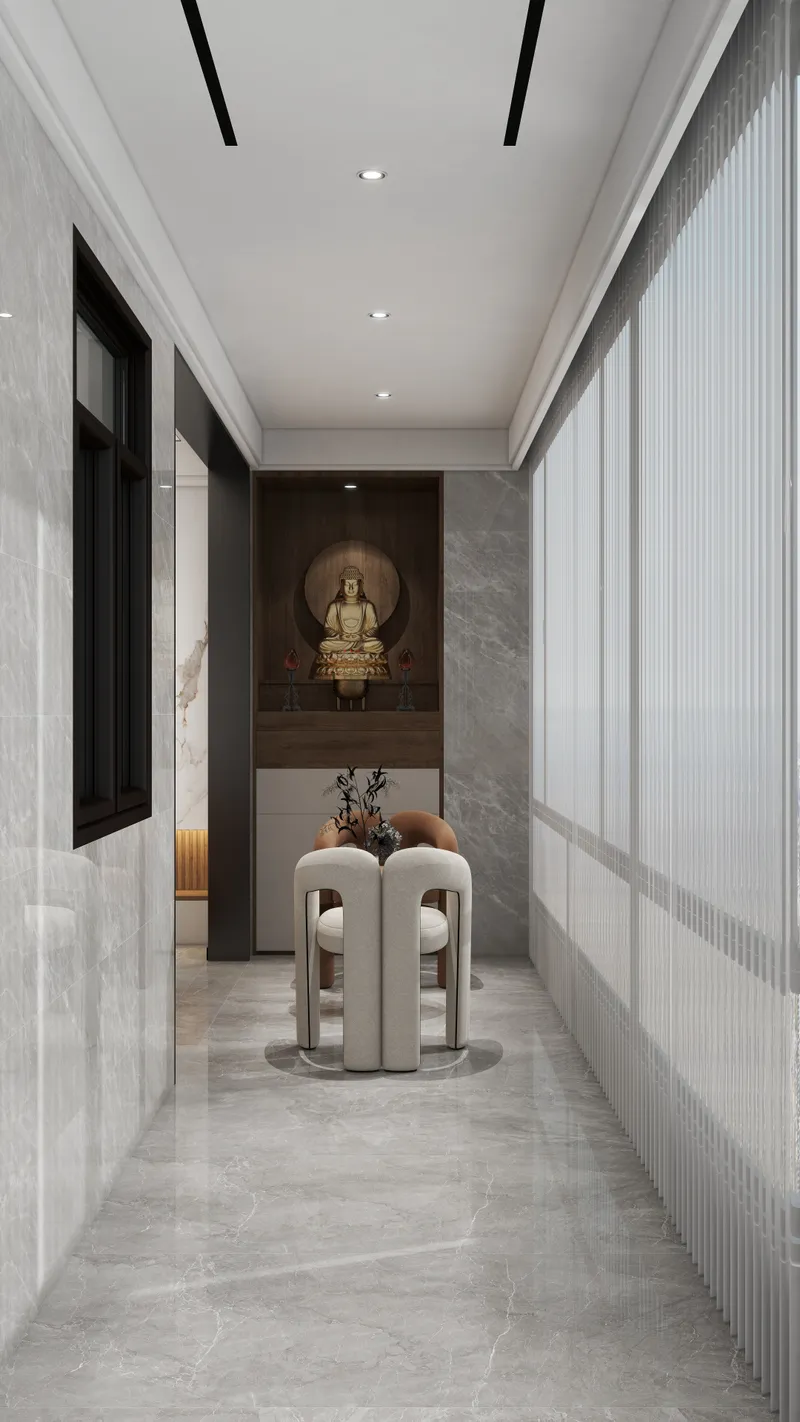 Modern hallway with grey marble walls white curtains and gold Buddha statue inside wooden cabinet
