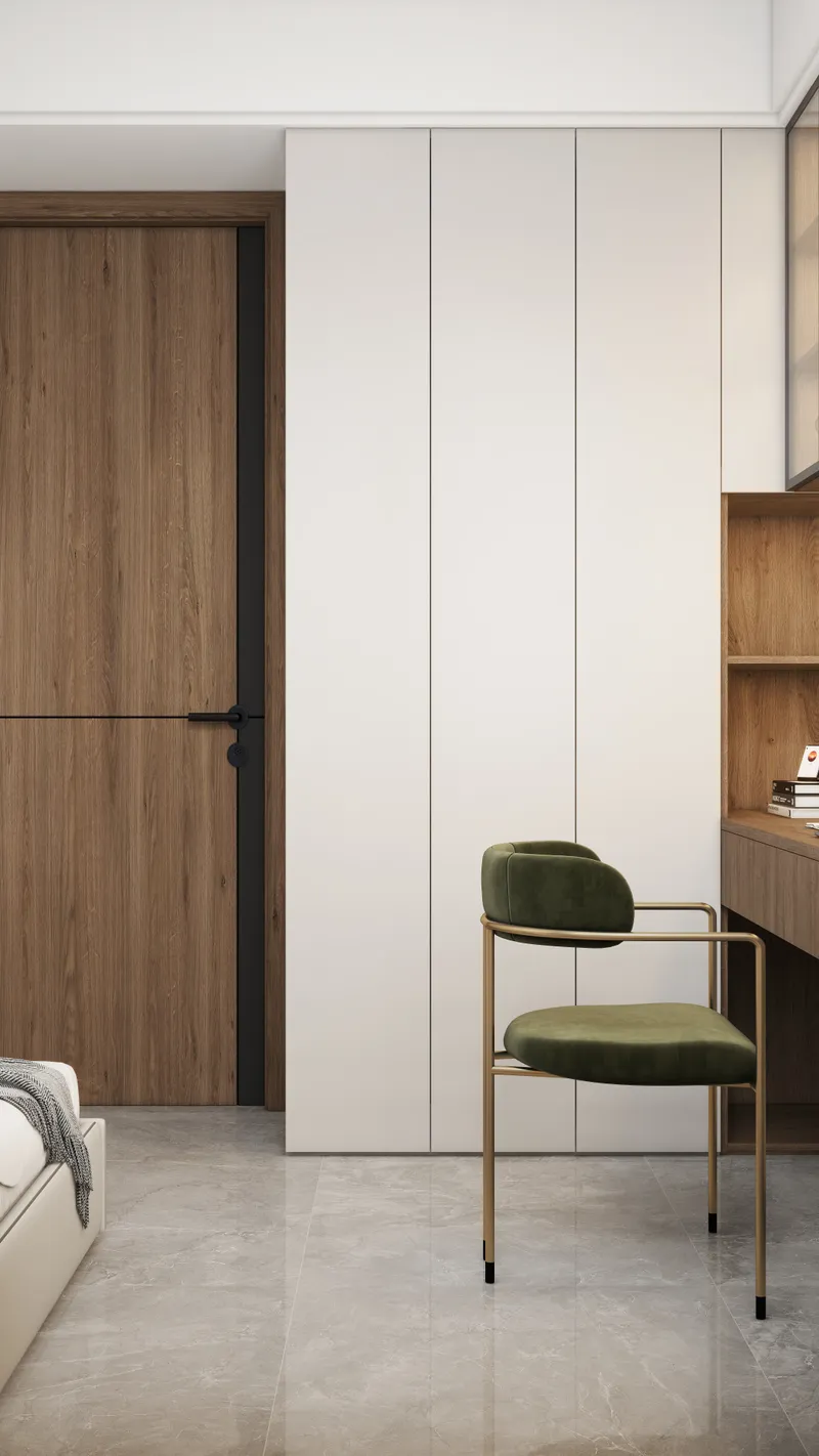 Modern bedroom corner featuring a wooden door, white cabinet, green chair, and marble tile floor