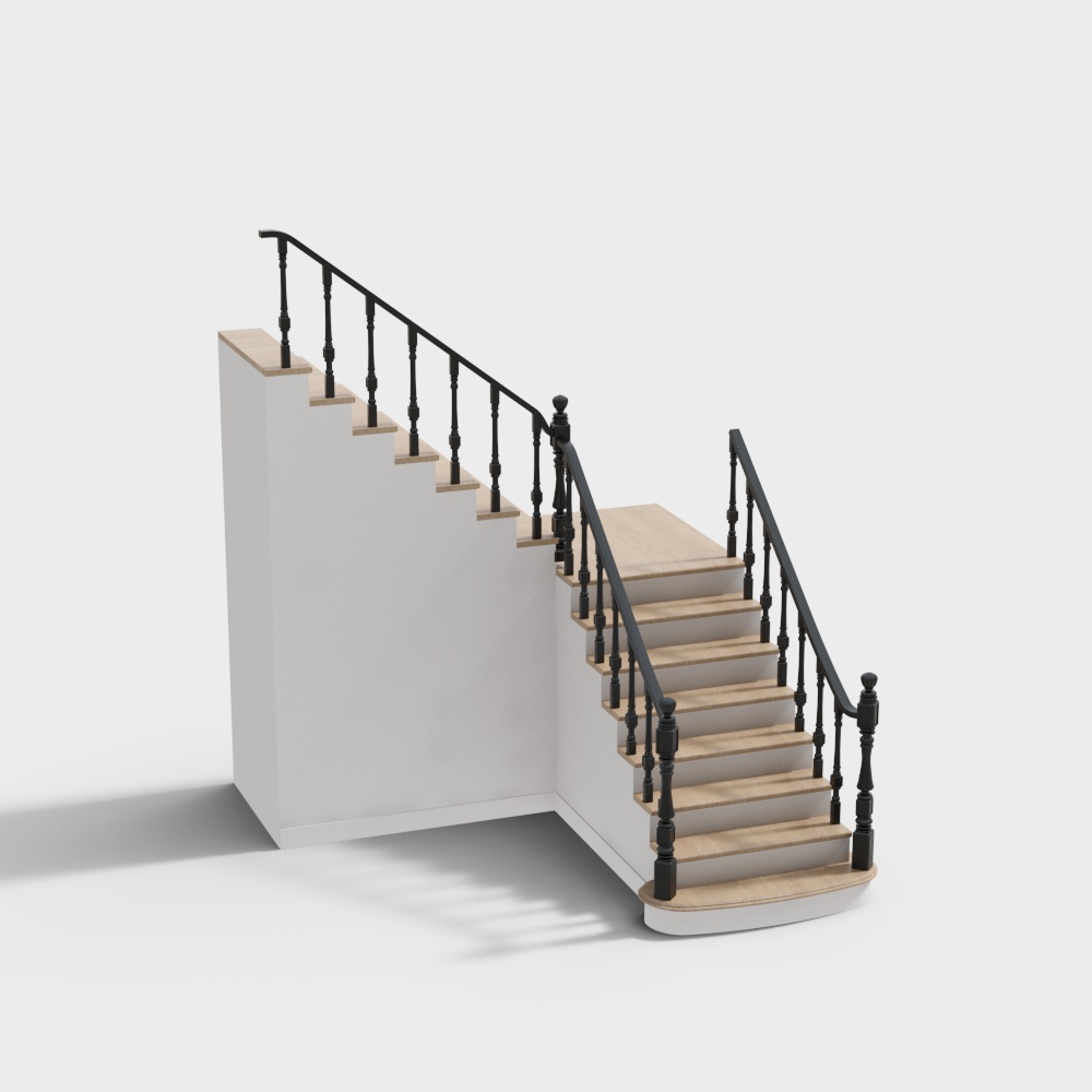 Elegant European Style Staircase 3D Model – Black Metal & Wood