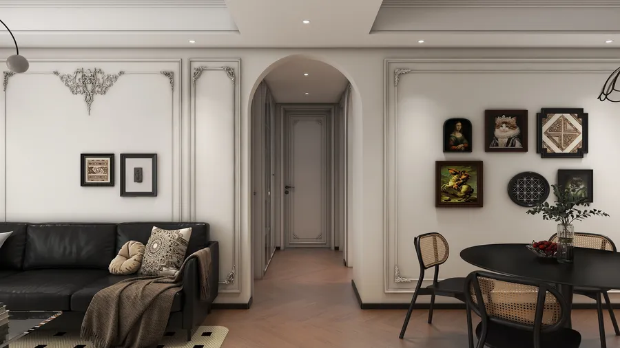 Living room with black leather sofa arched hallway wall panels and dining table with chairs