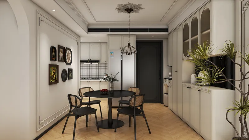 Modern dining room with black table, four chairs, wooden floor, white cabinets and ceiling light