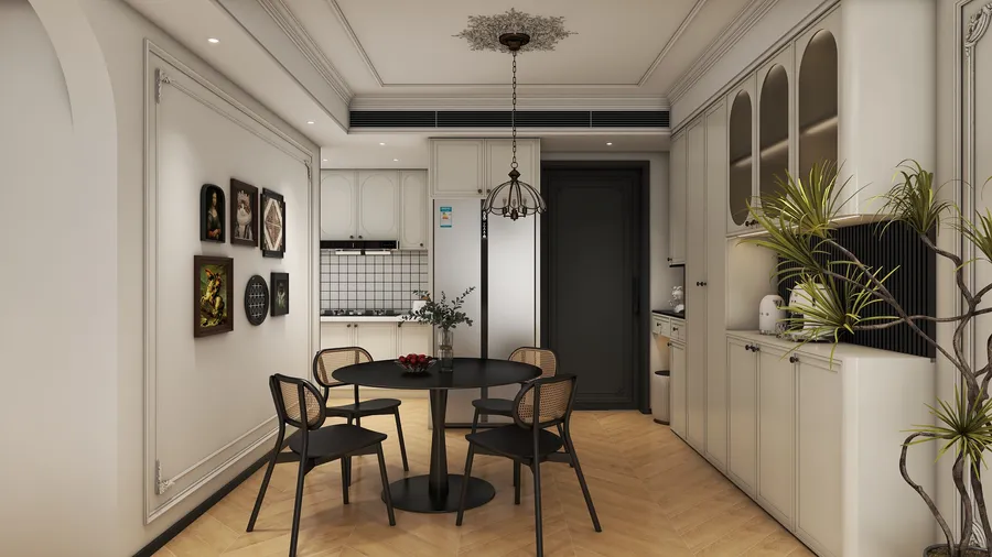 Modern dining room with black table, four chairs, wooden floor, white cabinets and ceiling light