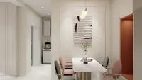 Modern dining room with marble table, pink chairs, grey chairs, and white abstract wall art