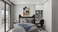 Modern bedroom with Mickey Mouse wall art grey bed white desk chair and balcony door
