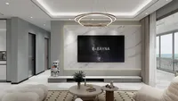 Modern living room with marble wall panel ceiling light grey sofa coffee table and window