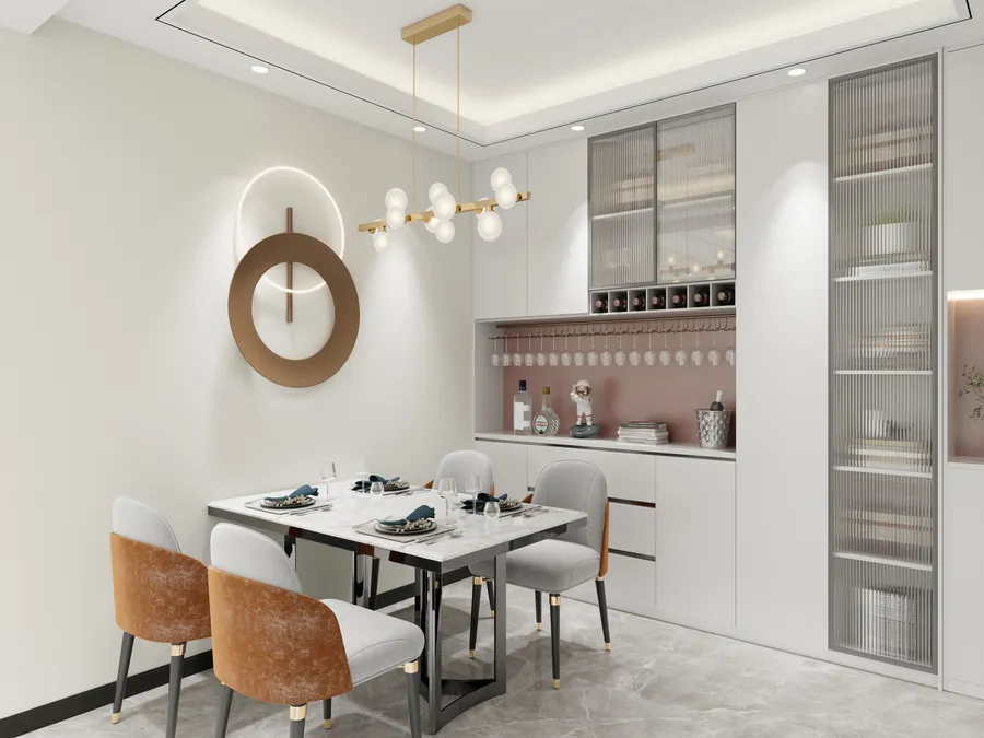 Modern dining room with marble table chairs white cabinet wall art and gold ceiling light