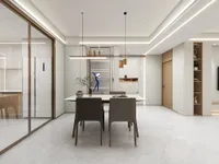 Modern dining room interior design drawing white table grey chairs ceiling light and glass wall