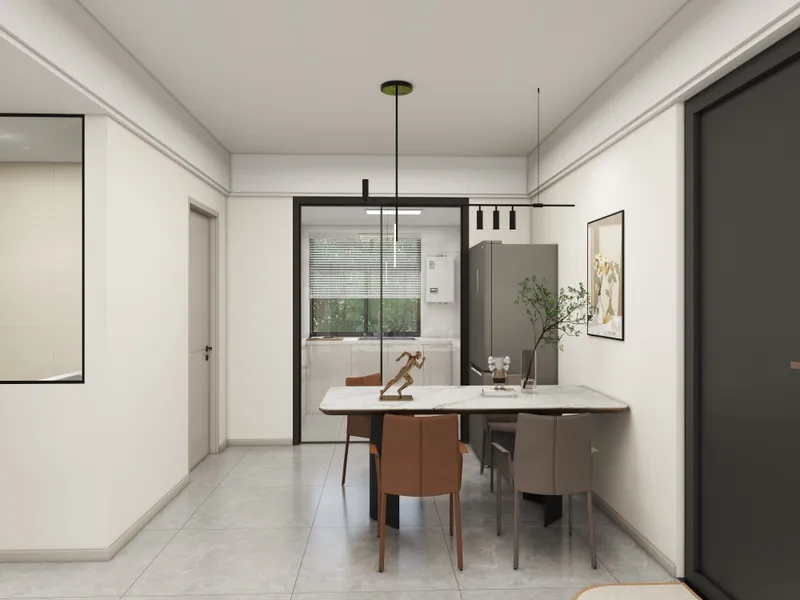Modern dining area with marble table orange chairs grey tiles and a black ceiling light