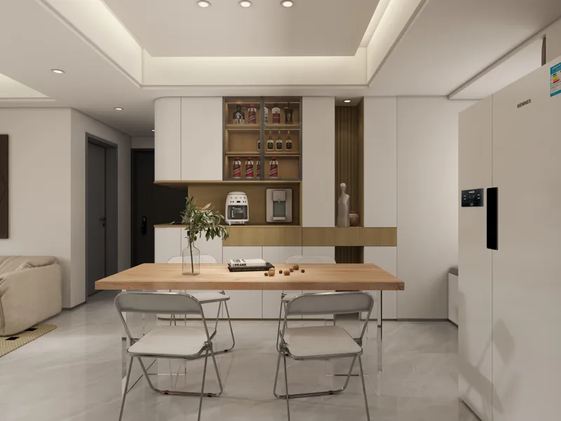 Modern dining area with wooden table white folding chairs large storage cabinet and white refrigerator