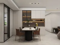 Modern dining room featuring marble table with leather chairs and white cabinets with glass shelves