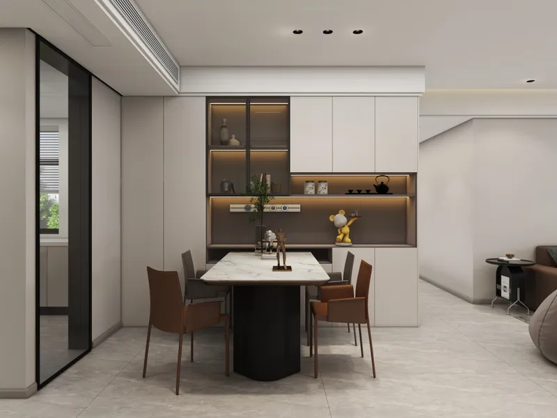 Modern dining room featuring marble table with leather chairs and white cabinets with glass shelves
