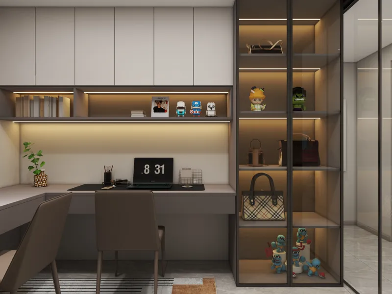 Coohom interior design drawing showing grey desk with laptop white cabinets and glass toy storage