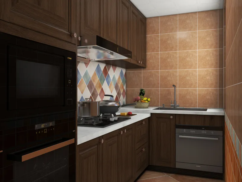 Dark wood kitchen featuring brown wall tiles colorful diamond pattern stove sink and built-in oven