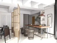 Zen dining room with long wooden table wooden stools screen divider and copper ceiling light