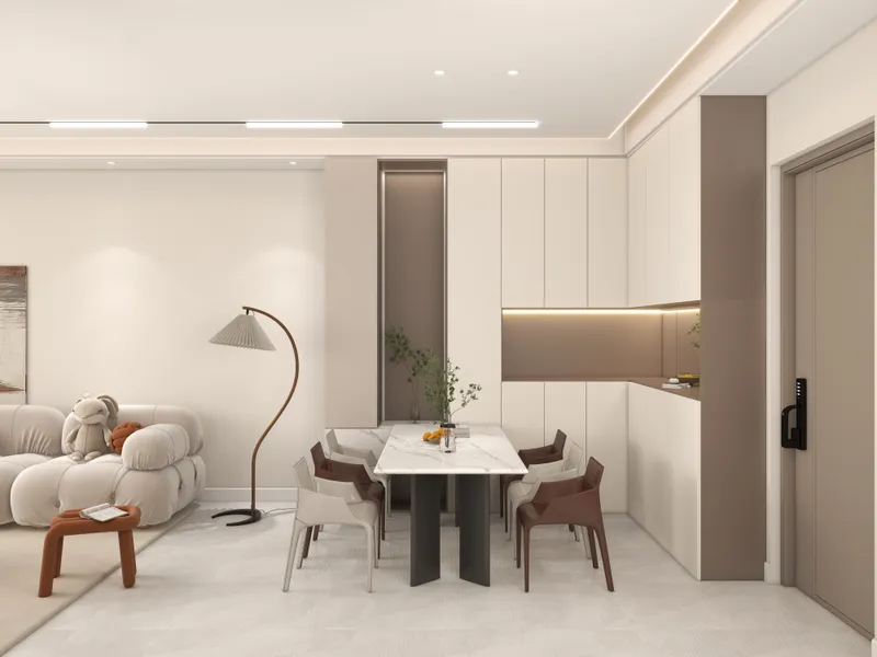 Modern dining room with marble table, chairs, floor lamp, soft sofa, and white wall cabinets