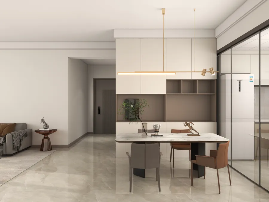 Modern dining area with marble table gold ceiling light grey chairs cabinet and grey sofa