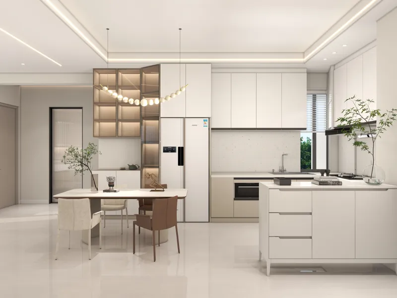 Modern white kitchen design featuring dining table chairs large refrigerator white island and ceiling light