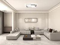 Minimalist living room with grey sofa coffee table wall art ceiling light and marble floor