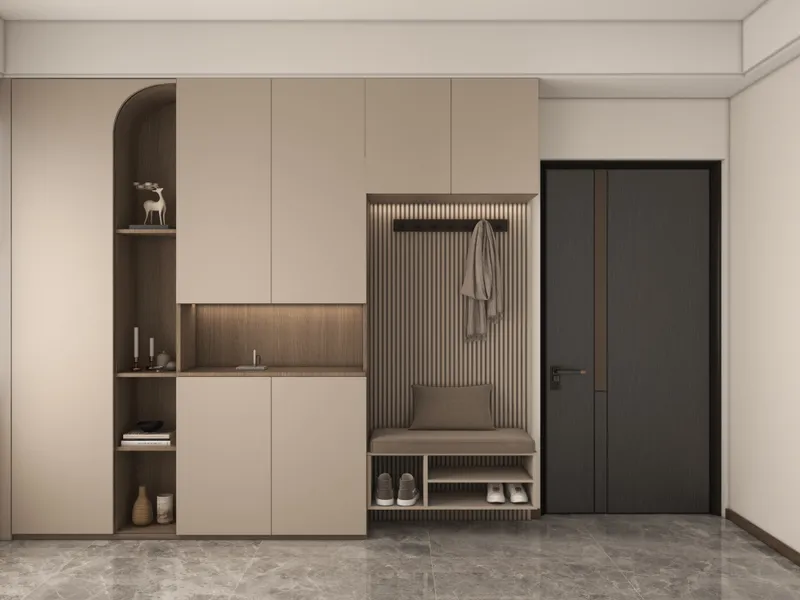 Modern beige hallway cabinet featuring seating bench, wall panel, shoe shelf, and dark entry door