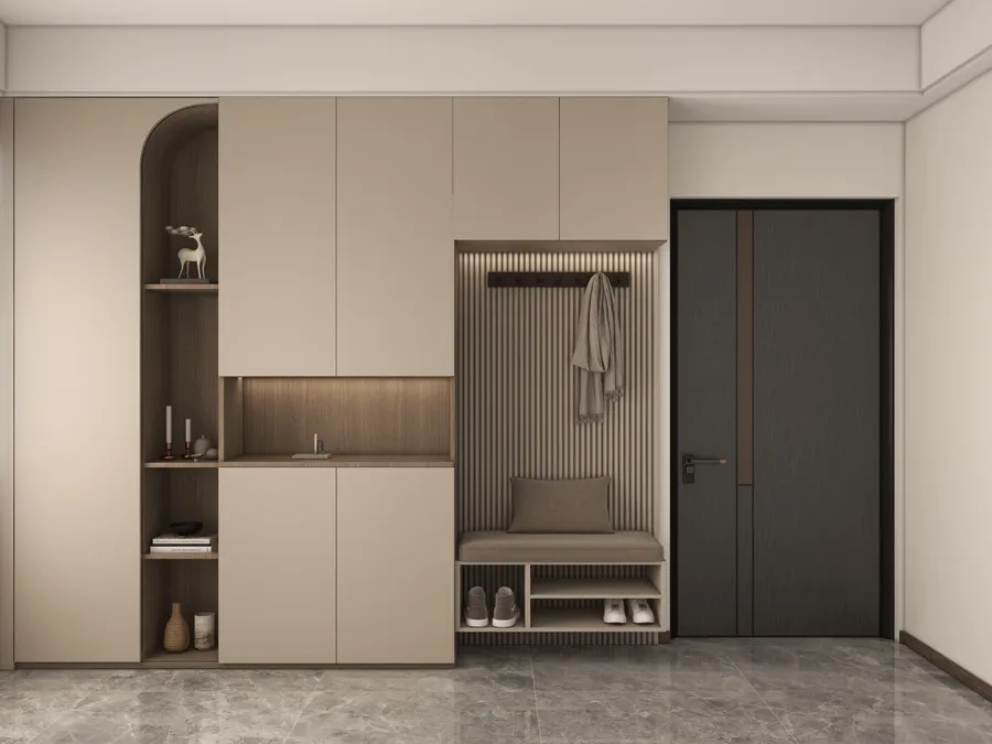 Modern beige hallway cabinet featuring seating bench, wall panel, shoe shelf, and dark entry door
