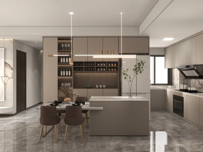 Modern open kitchen with beige cabinets marble floor brown dining chairs and long ceiling light