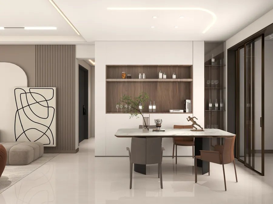 Modern dining room with marble table brown chairs wooden wall shelf and large abstract art
