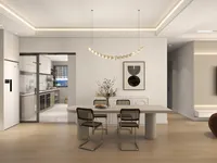 Modern dining room featuring grey table woven chairs bead ceiling light and warm wood flooring