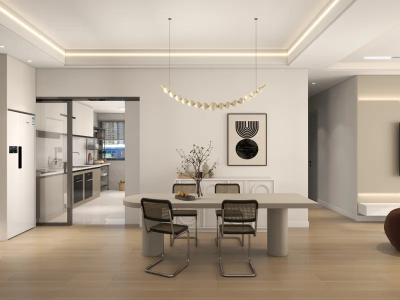 Modern dining room featuring grey table woven chairs bead ceiling light and warm wood flooring