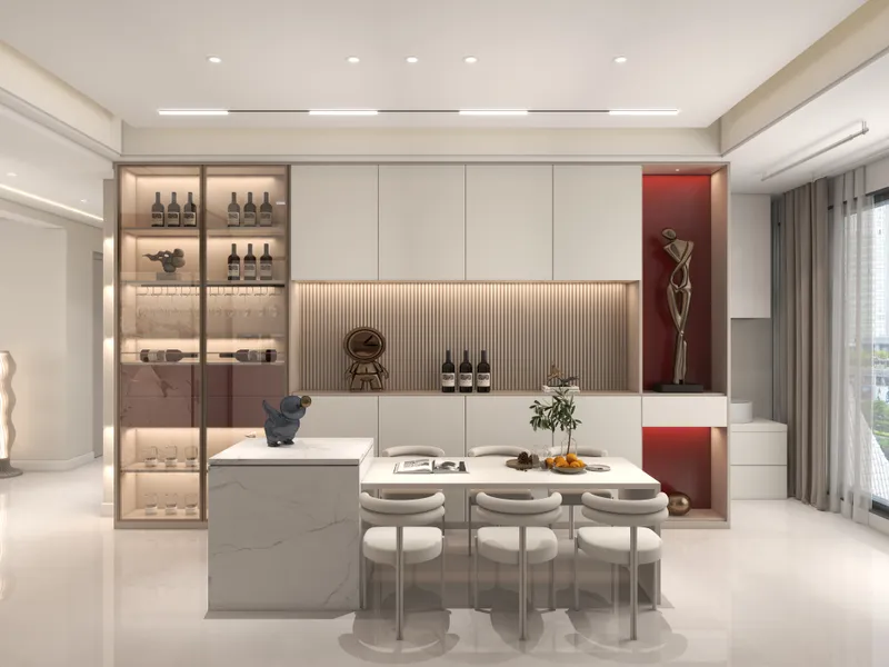 Modern white dining area with marble table, four chairs, wine cabinet, and warm ceiling lights.