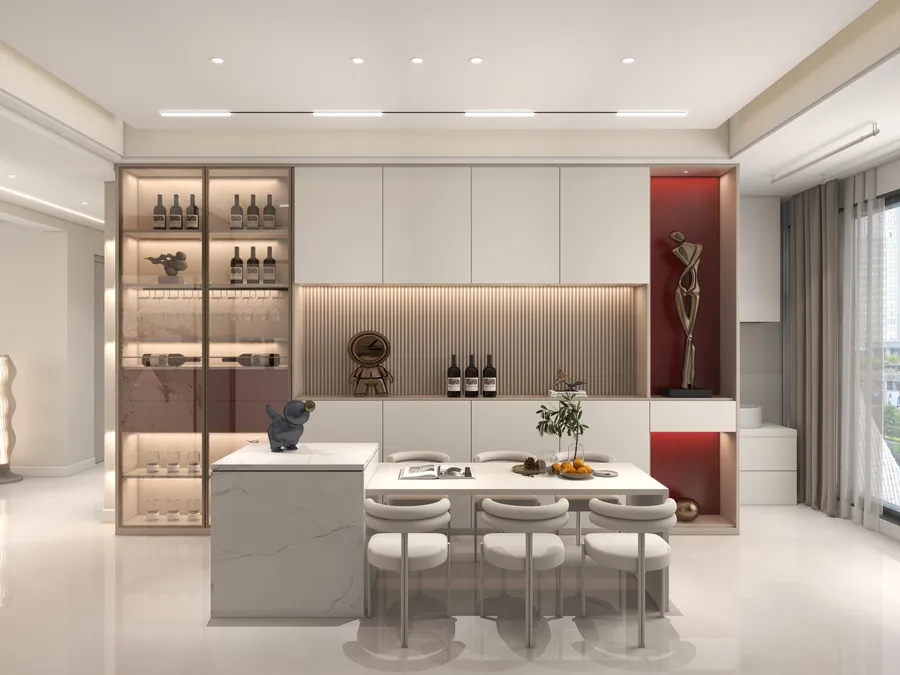 Modern white dining area with marble table, four chairs, wine cabinet, and warm ceiling lights.