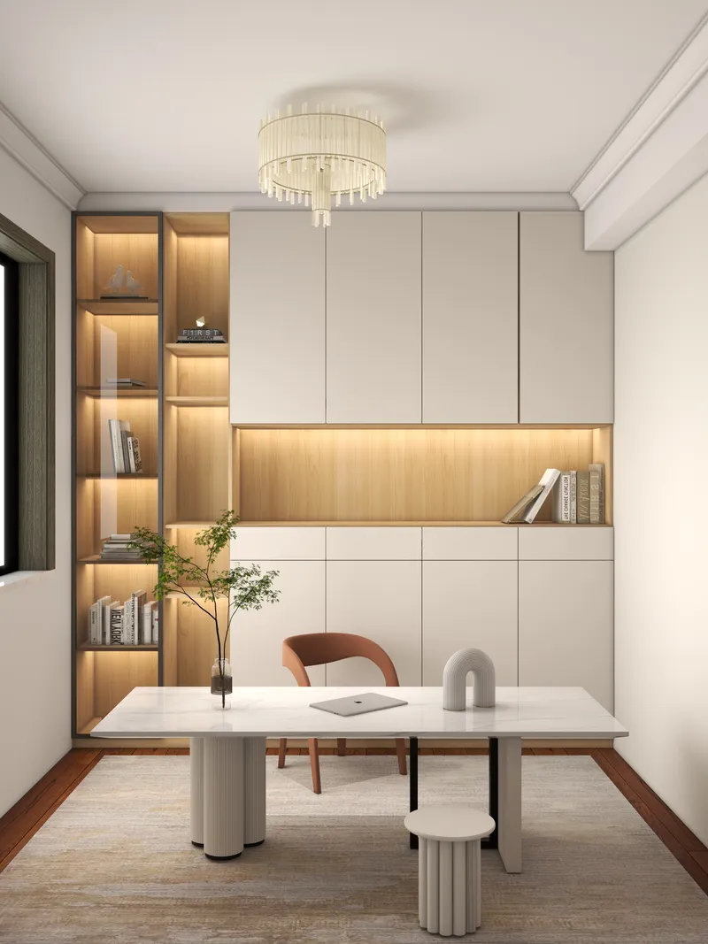 Modern study room with white desk brown chair large storage cabinet and bright ceiling light