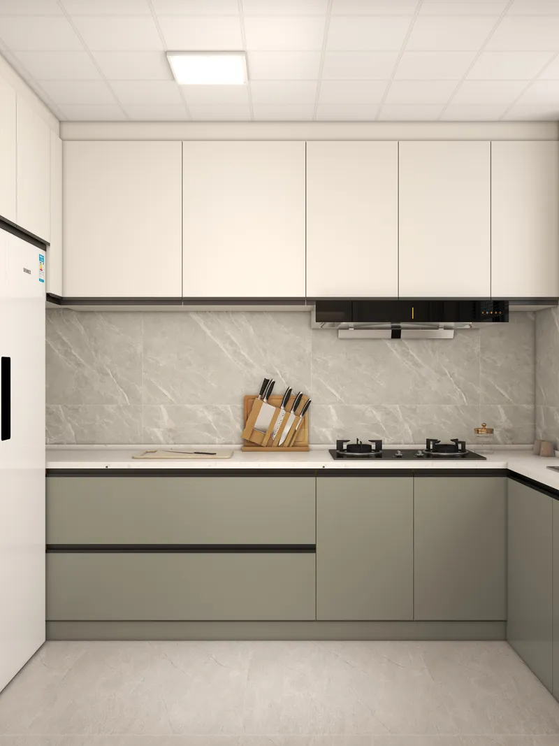 Modern kitchen with white cabinets grey lower cabinets marble wall gas stove and ceiling light