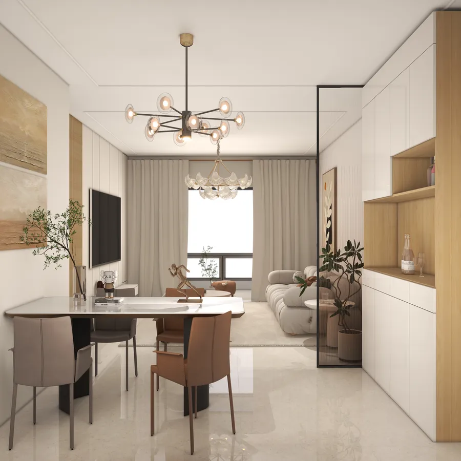 Modern dining room with white table brown chairs sofa and black branch style ceiling light
