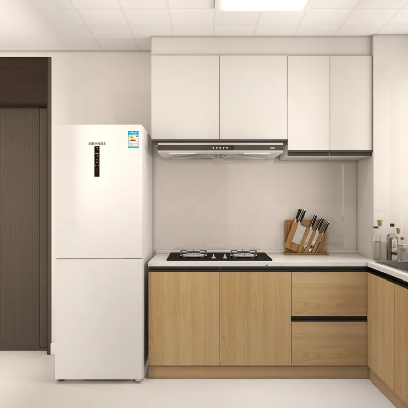 Modern kitchen interior design drawing featuring white refrigerator wooden lower cabinets and white upper cupboards