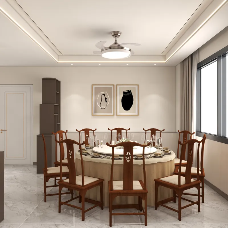 Large round dining table with wooden chairs and ceiling fan light in a bright room