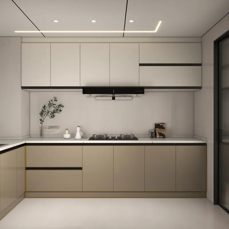 Modern kitchen featuring white upper cabinets beige lower cabinets black gas stove and ceiling light