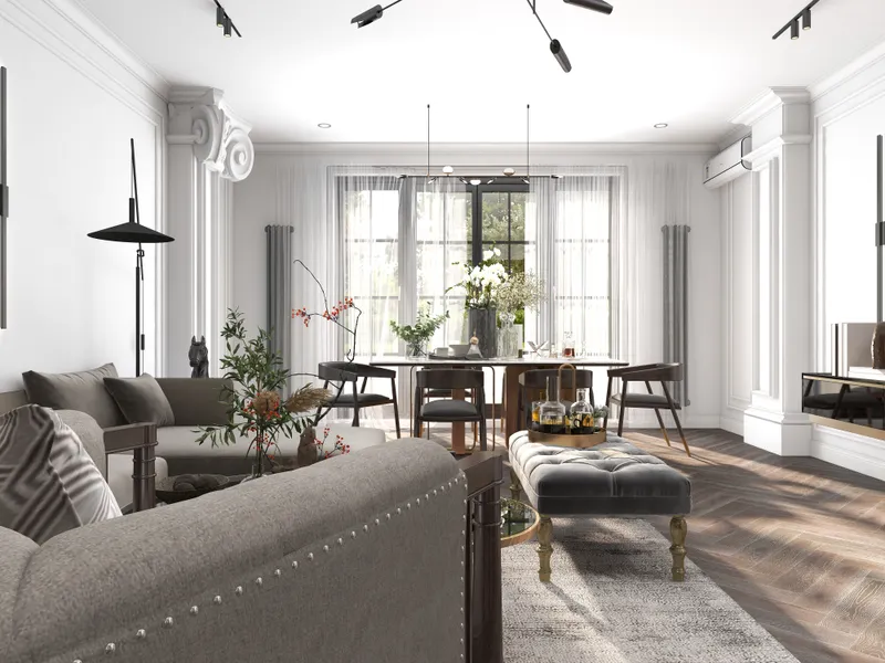 Living room with grey sofa white wall panel wooden floor dining table and ceiling light